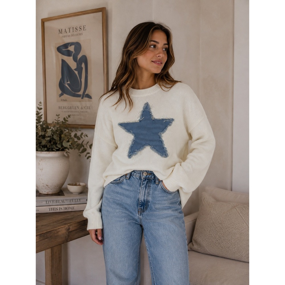 Klesis Sweater Women Large White Denim Star Patch Y2K Streetwear